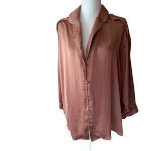 Free People Satin Button-Front Blouse in Dusty Rose